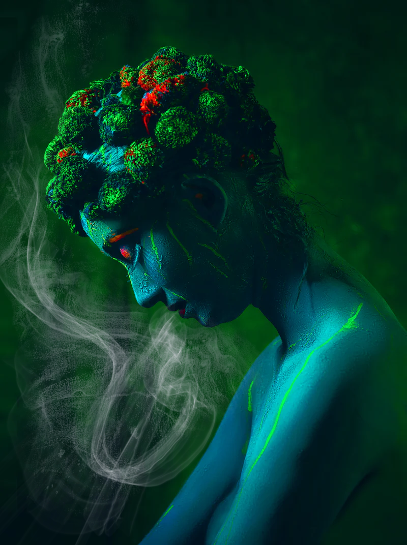 a flower goddess with smoke trailing from her mouth 