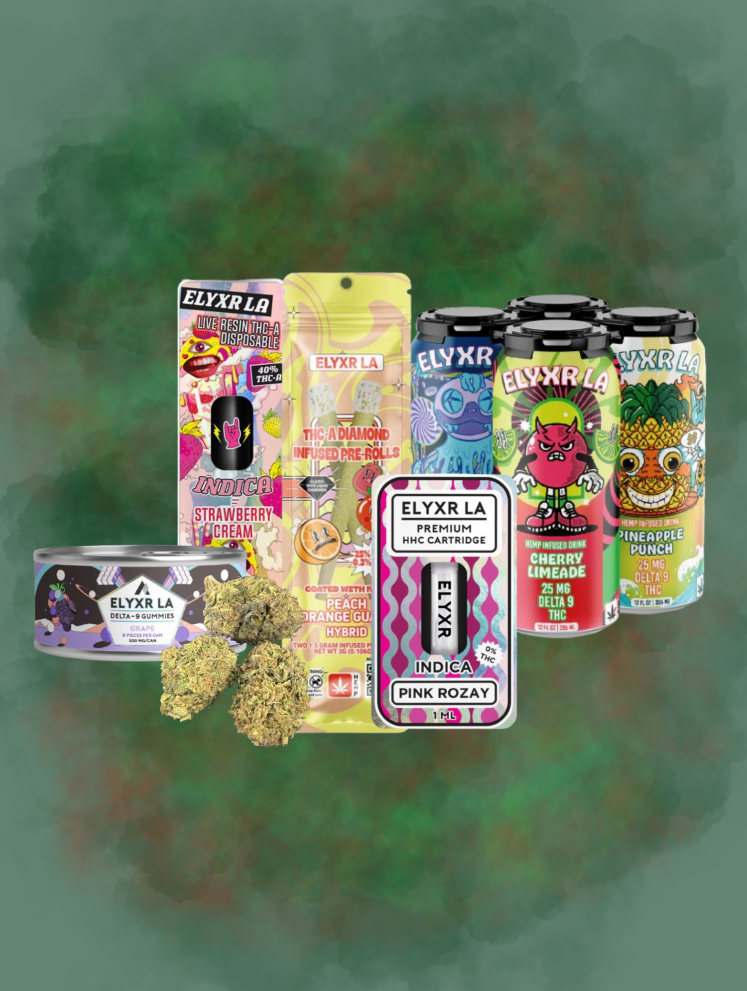 a feature from our collection including THC gummies, drinks, flower and wax products 